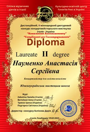 Лауреат II ступеня, II Міжнародний конкурс концертмейстерського мистецтва «Комплімент акомпанементу», Італія – Україна